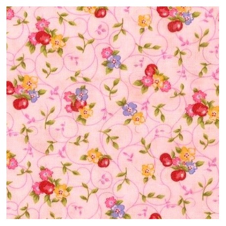 Tissu patchwork fleurs et fruits fond rose - 15626